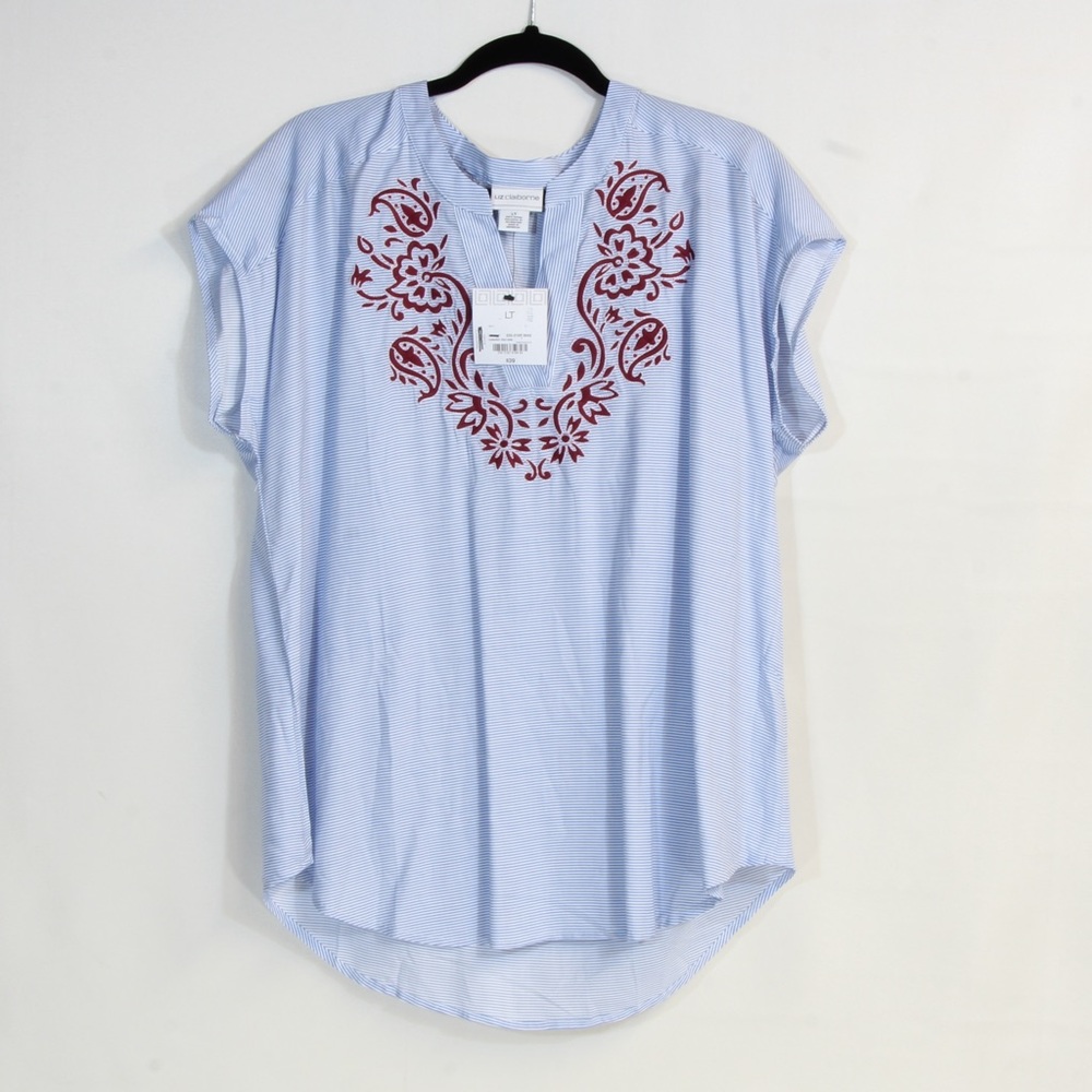 Liz Claiborne Womens Blue White Sleeveless Stripe V-Neck Embroidered Top Size LT